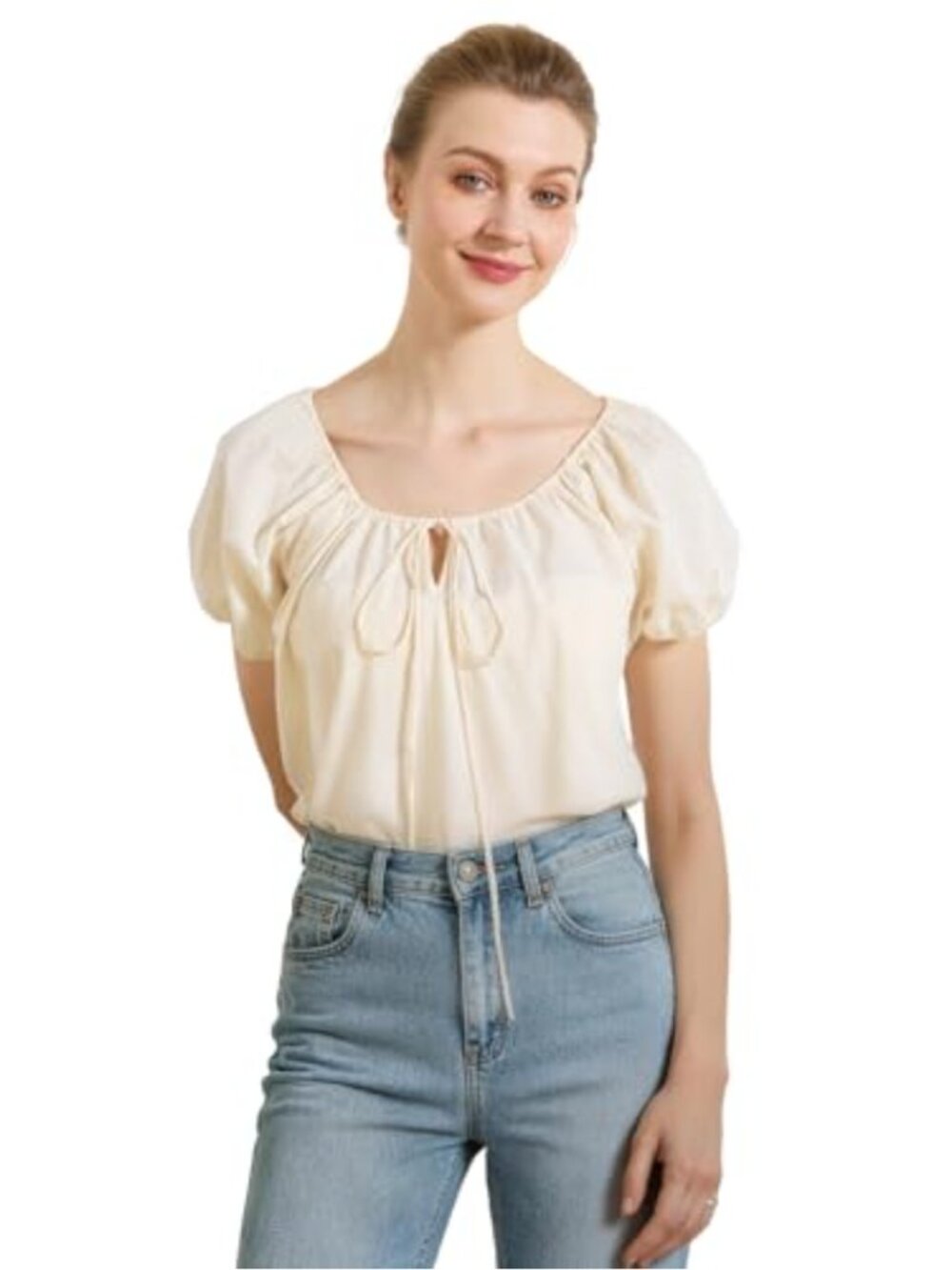 Cotton Peasant Top Short Puff Sleeves Tie Neck Vintage Blouse Cottagecore Summer